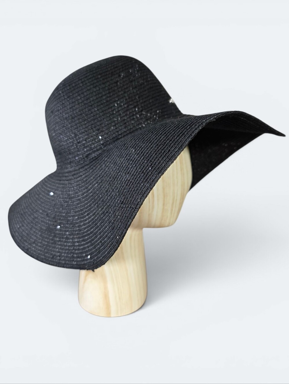 Calvin Klein Black Sparkle Straw Floppy Sun Hat Wide Brim Beach